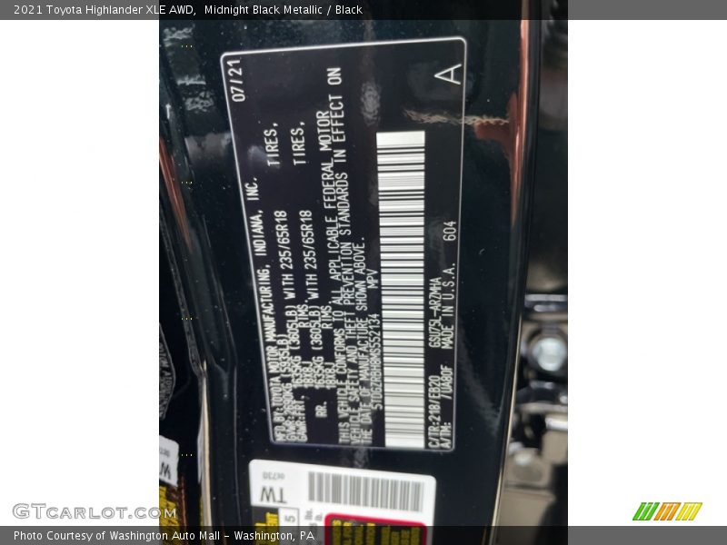 2021 Highlander XLE AWD Midnight Black Metallic Color Code 218