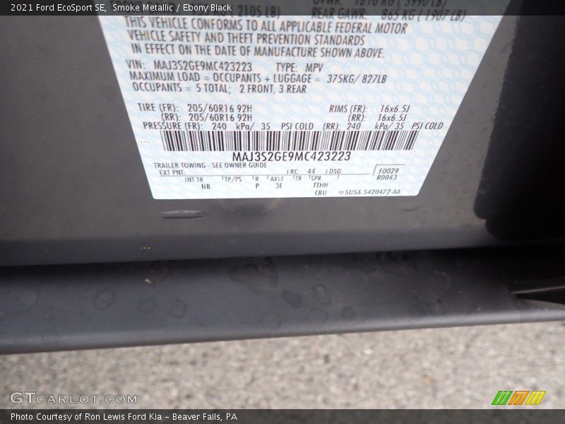 Smoke Metallic / Ebony Black 2021 Ford EcoSport SE