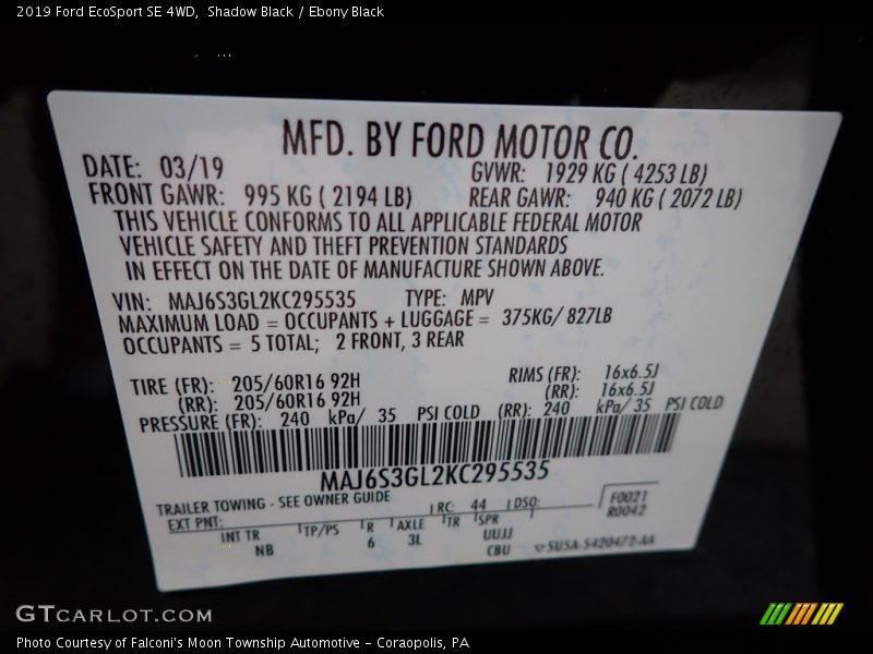 Shadow Black / Ebony Black 2019 Ford EcoSport SE 4WD