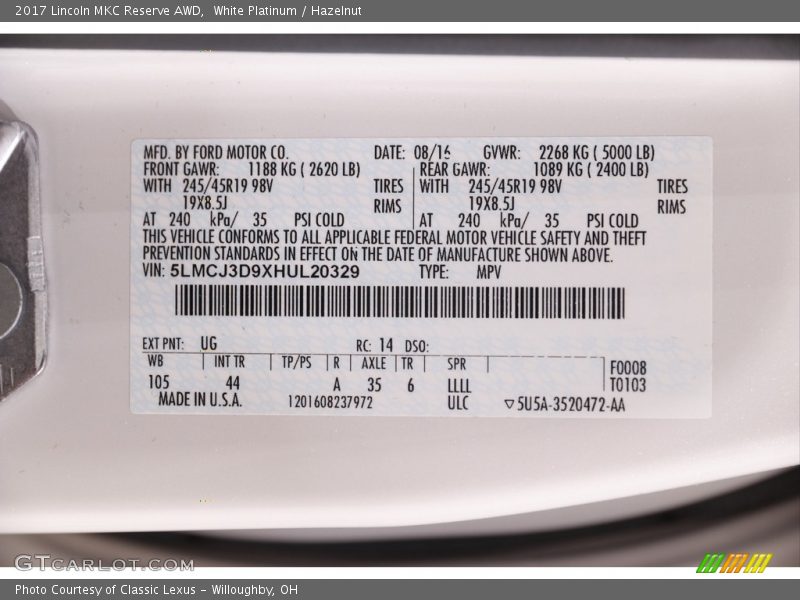 White Platinum / Hazelnut 2017 Lincoln MKC Reserve AWD
