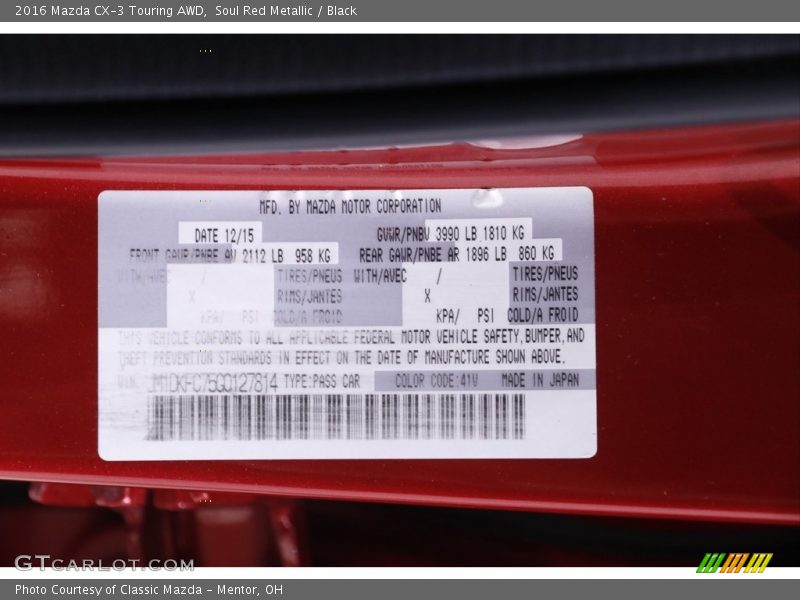 Soul Red Metallic / Black 2016 Mazda CX-3 Touring AWD