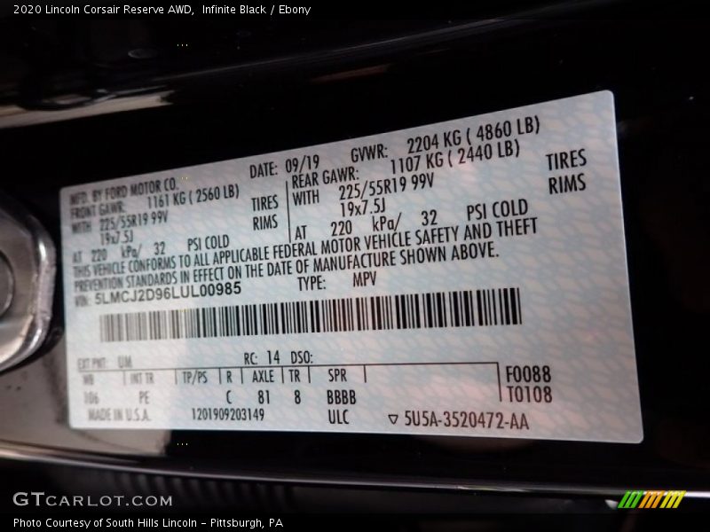 2020 Corsair Reserve AWD Infinite Black Color Code UM