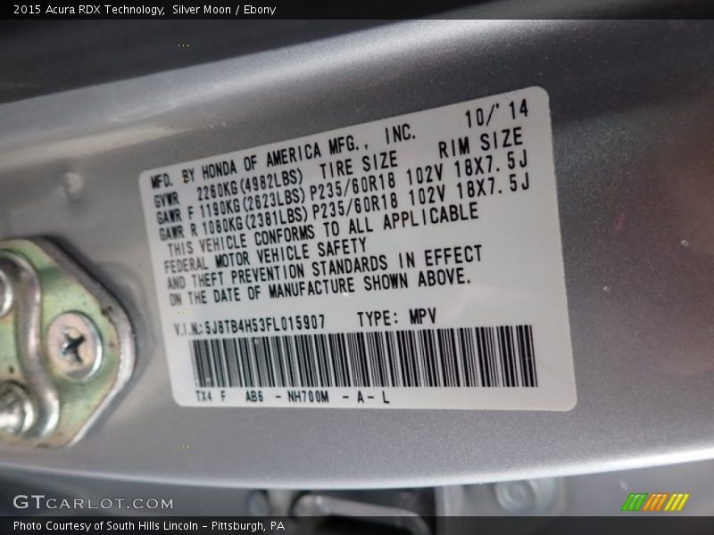 2015 RDX Technology Silver Moon Color Code NH700M
