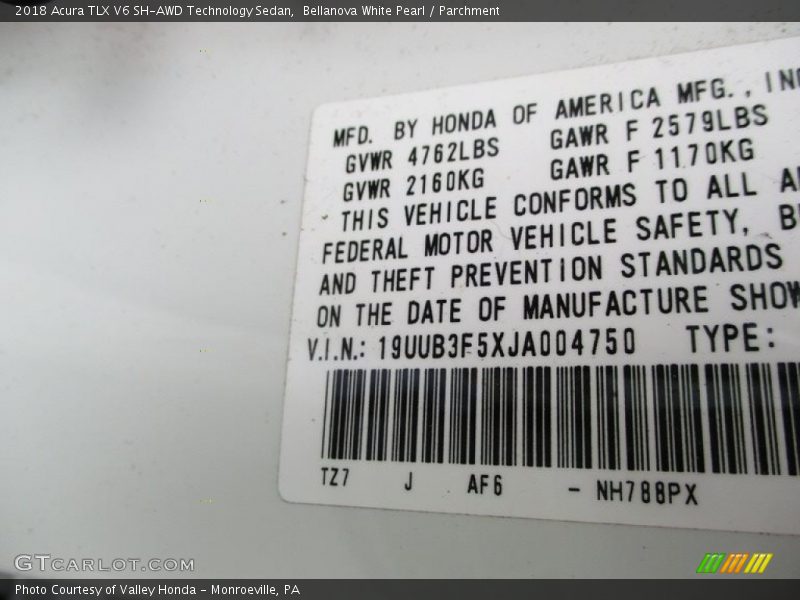 Bellanova White Pearl / Parchment 2018 Acura TLX V6 SH-AWD Technology Sedan