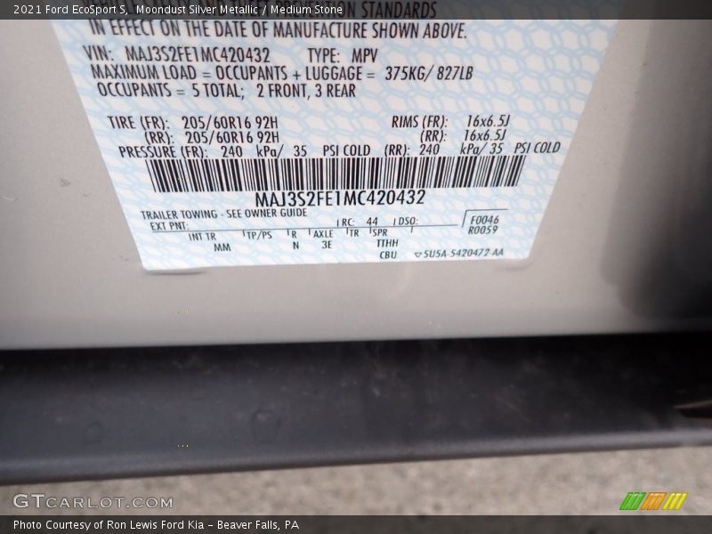 Moondust Silver Metallic / Medium Stone 2021 Ford EcoSport S