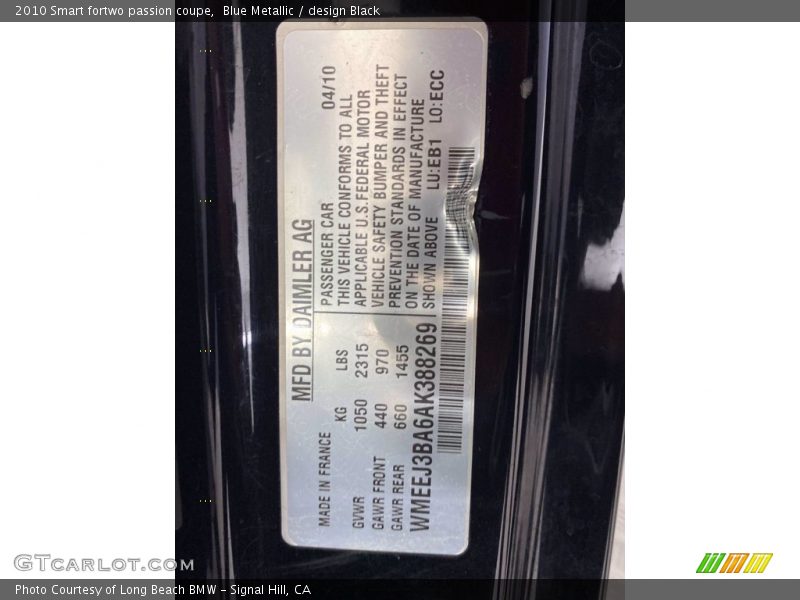 Blue Metallic / design Black 2010 Smart fortwo passion coupe