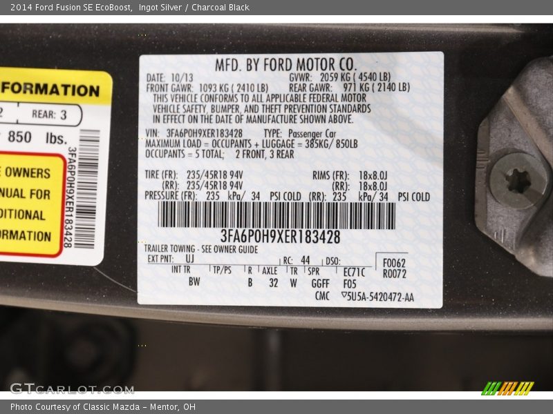 Ingot Silver / Charcoal Black 2014 Ford Fusion SE EcoBoost
