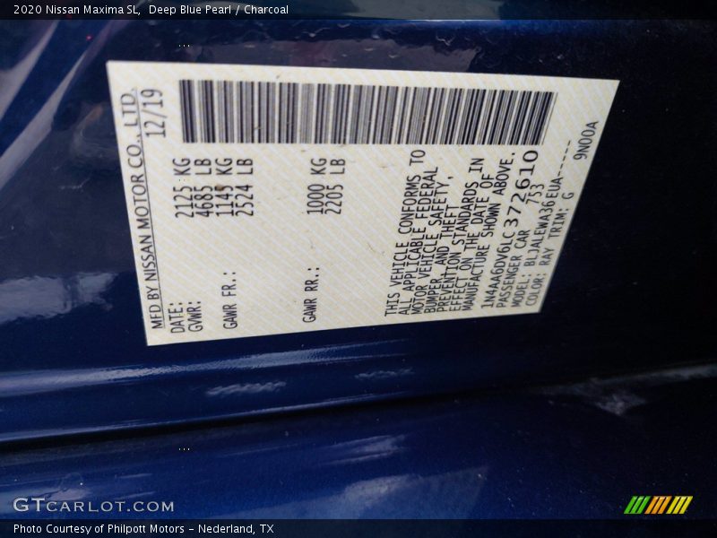 2020 Maxima SL Deep Blue Pearl Color Code RAY