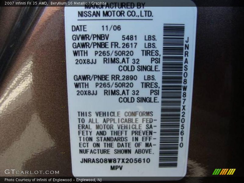 Beryllium 16 Metallic / Graphite 2007 Infiniti FX 35 AWD