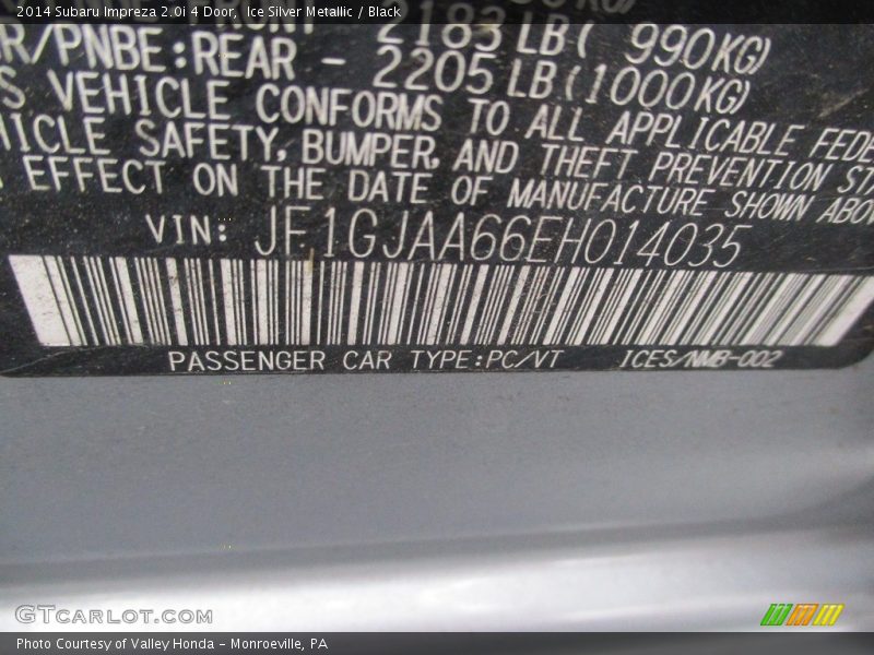 Ice Silver Metallic / Black 2014 Subaru Impreza 2.0i 4 Door