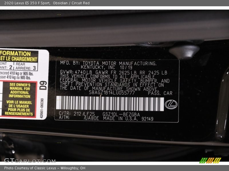 2020 ES 350 F Sport Obsidian Color Code 212
