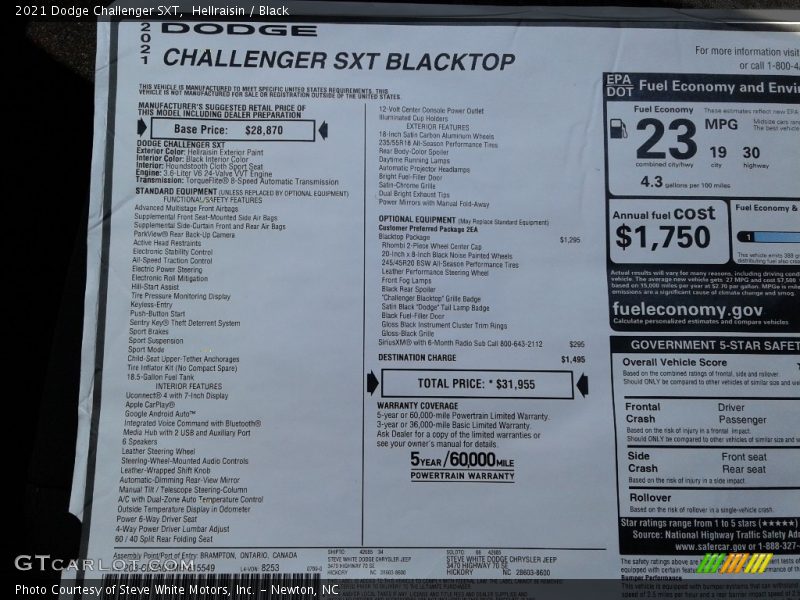  2021 Challenger SXT Window Sticker