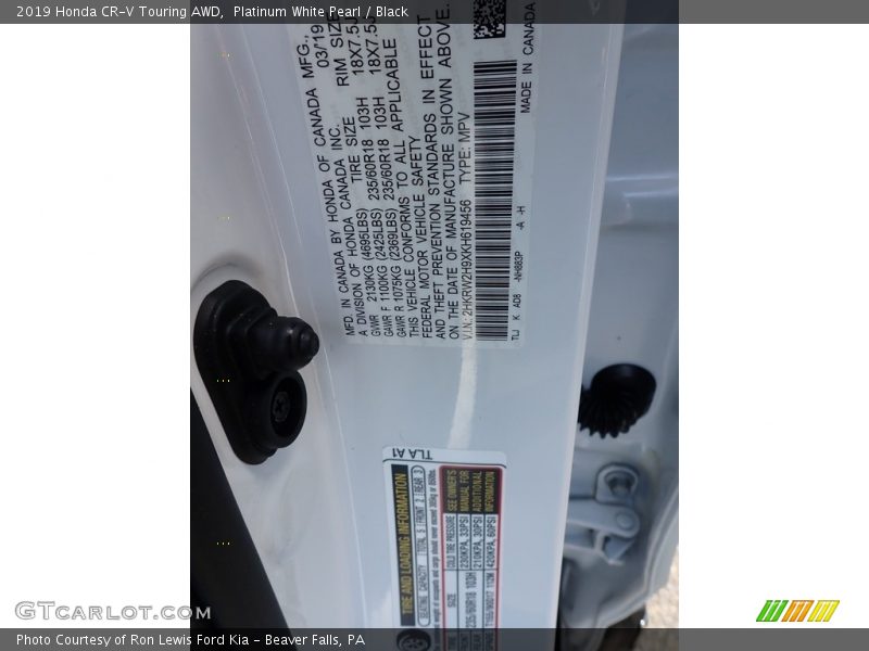 Platinum White Pearl / Black 2019 Honda CR-V Touring AWD