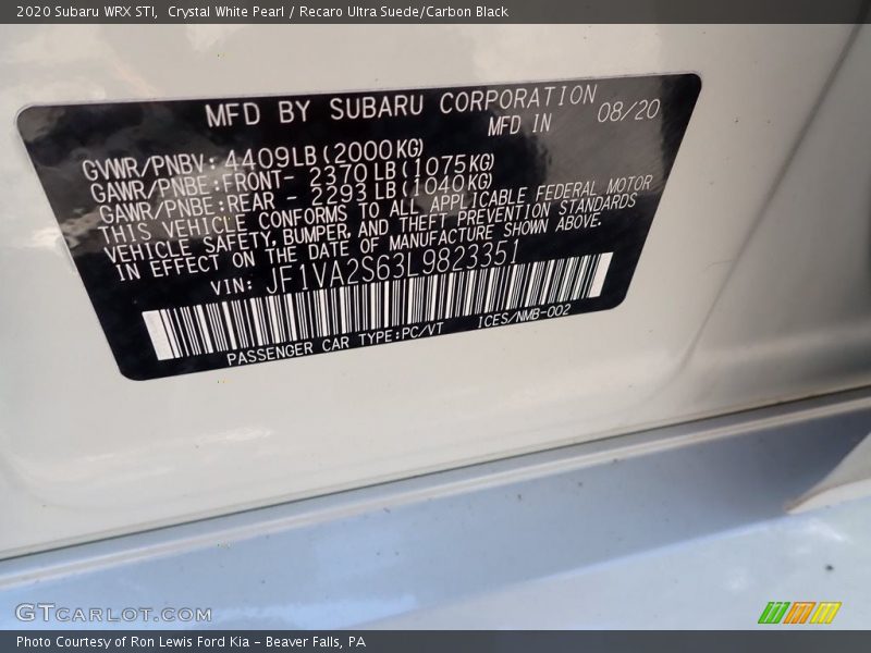 Crystal White Pearl / Recaro Ultra Suede/Carbon Black 2020 Subaru WRX STI