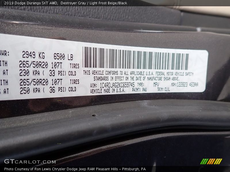 Destroyer Gray / Light Frost Beige/Black 2019 Dodge Durango SXT AWD