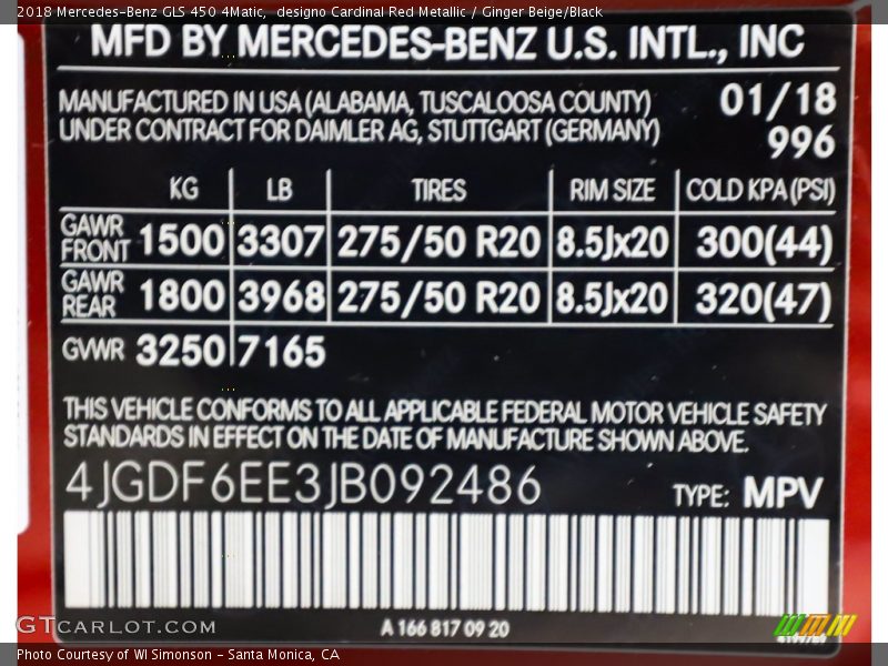 2018 GLS 450 4Matic designo Cardinal Red Metallic Color Code 996