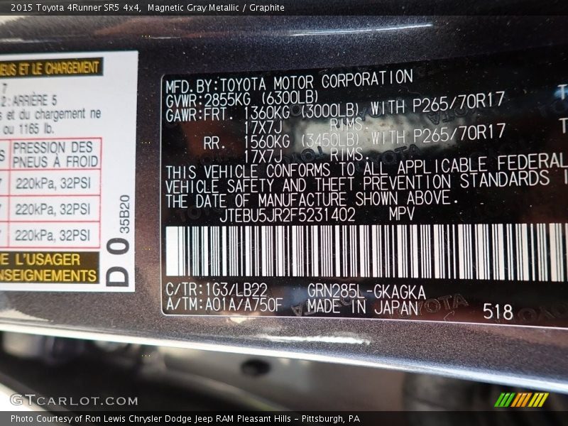 Magnetic Gray Metallic / Graphite 2015 Toyota 4Runner SR5 4x4