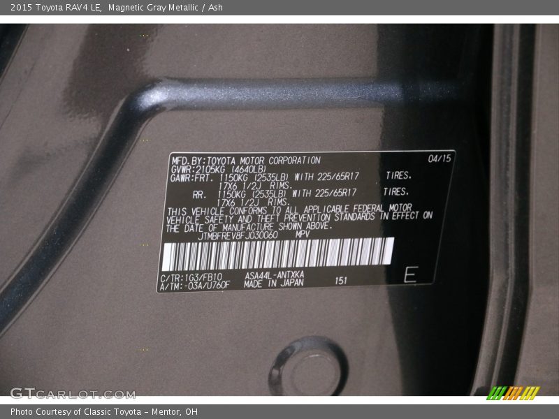 Magnetic Gray Metallic / Ash 2015 Toyota RAV4 LE