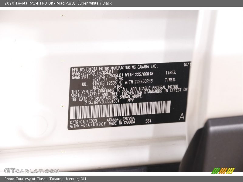 2020 RAV4 TRD Off-Road AWD Super White Color Code 040