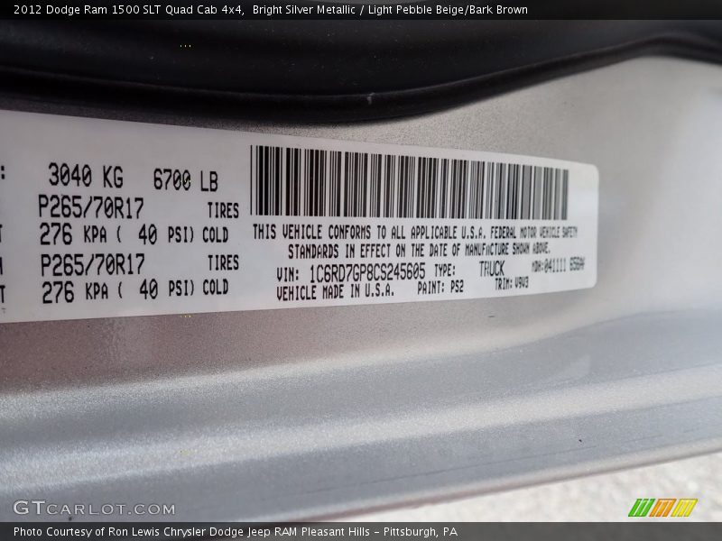 Bright Silver Metallic / Light Pebble Beige/Bark Brown 2012 Dodge Ram 1500 SLT Quad Cab 4x4