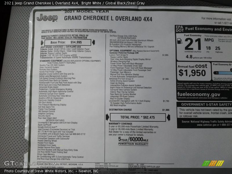  2021 Grand Cherokee L Overland 4x4 Window Sticker