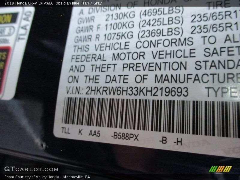 Obsidian Blue Pearl / Gray 2019 Honda CR-V LX AWD