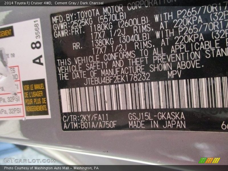 Cement Gray / Dark Charcoal 2014 Toyota FJ Cruiser 4WD