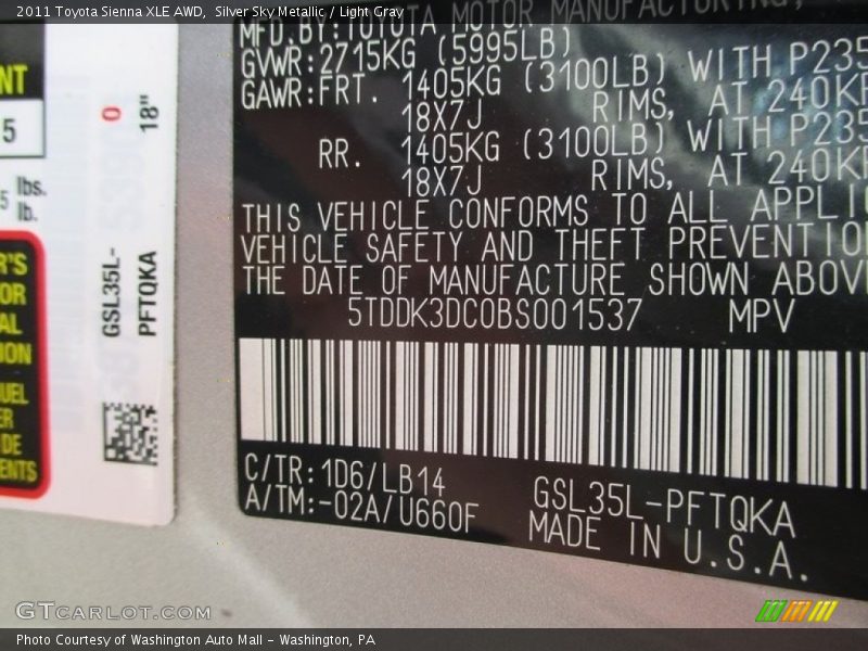 Silver Sky Metallic / Light Gray 2011 Toyota Sienna XLE AWD