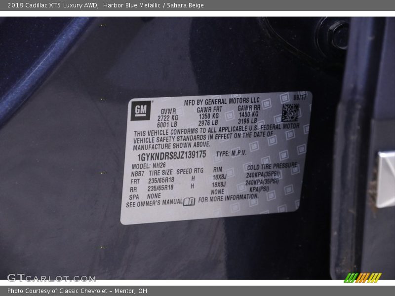 Harbor Blue Metallic / Sahara Beige 2018 Cadillac XT5 Luxury AWD
