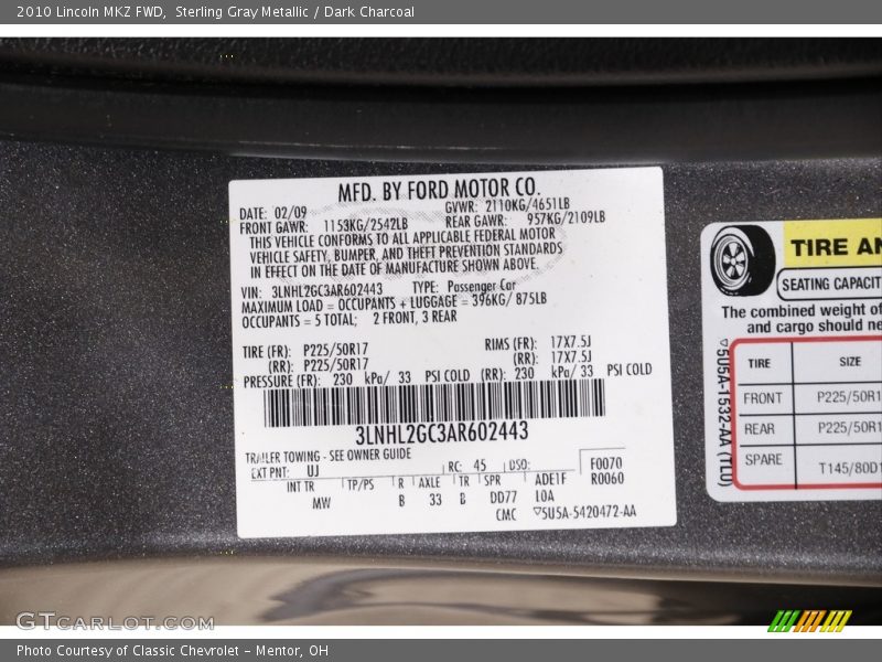 Sterling Gray Metallic / Dark Charcoal 2010 Lincoln MKZ FWD