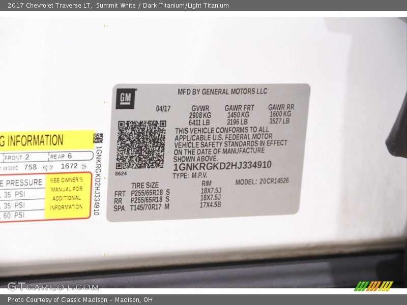 Summit White / Dark Titanium/Light Titanium 2017 Chevrolet Traverse LT
