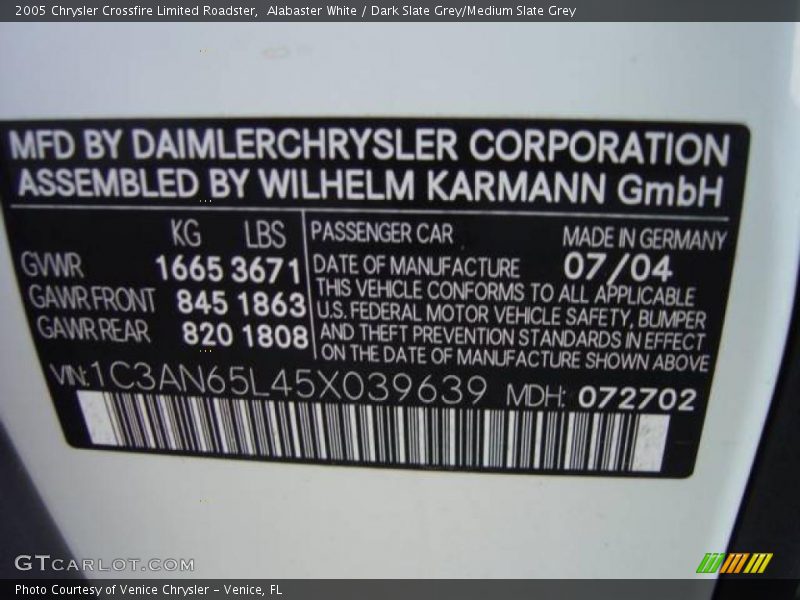 Alabaster White / Dark Slate Grey/Medium Slate Grey 2005 Chrysler Crossfire Limited Roadster