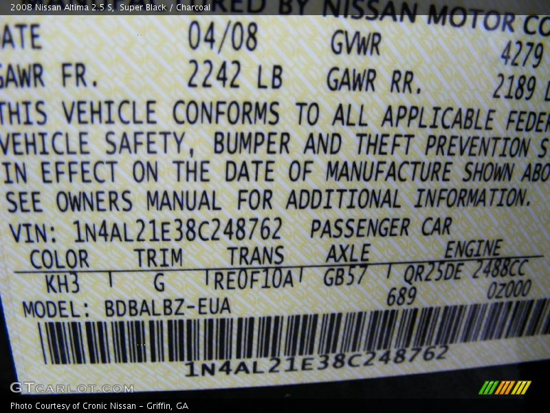 Super Black / Charcoal 2008 Nissan Altima 2.5 S