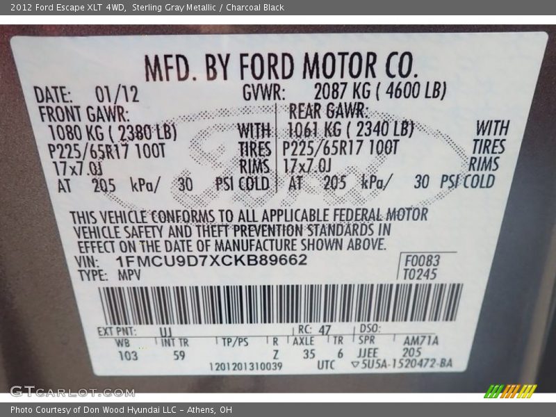 Sterling Gray Metallic / Charcoal Black 2012 Ford Escape XLT 4WD