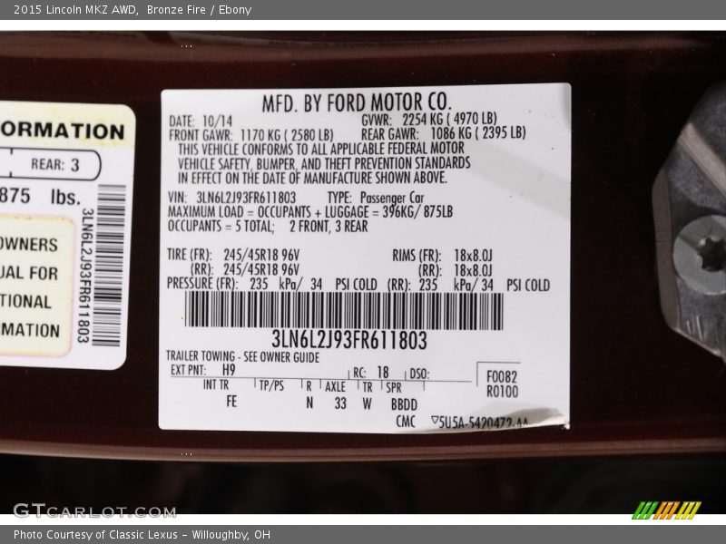 2015 MKZ AWD Bronze Fire Color Code H9