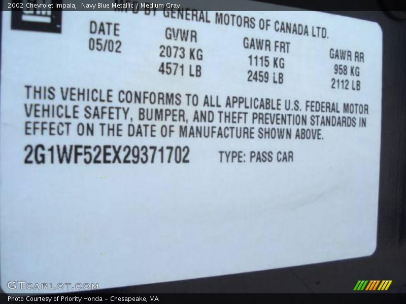 Navy Blue Metallic / Medium Gray 2002 Chevrolet Impala