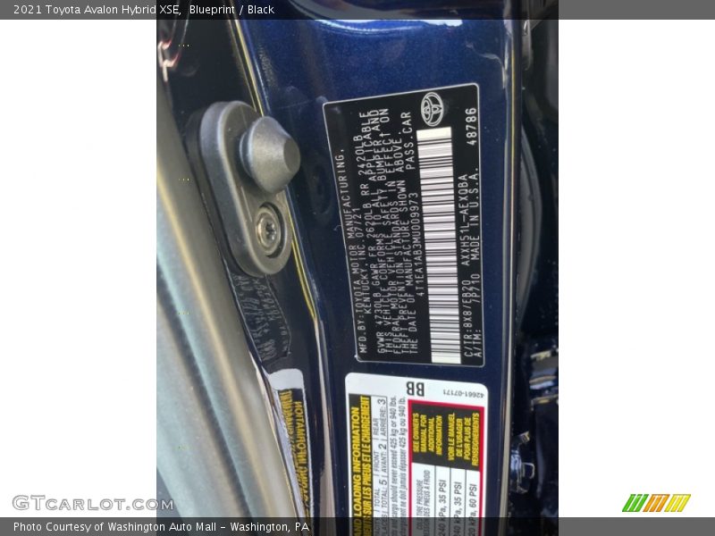 2021 Avalon Hybrid XSE Blueprint Color Code 8X8