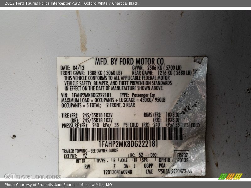Oxford White / Charcoal Black 2013 Ford Taurus Police Interceptor AWD