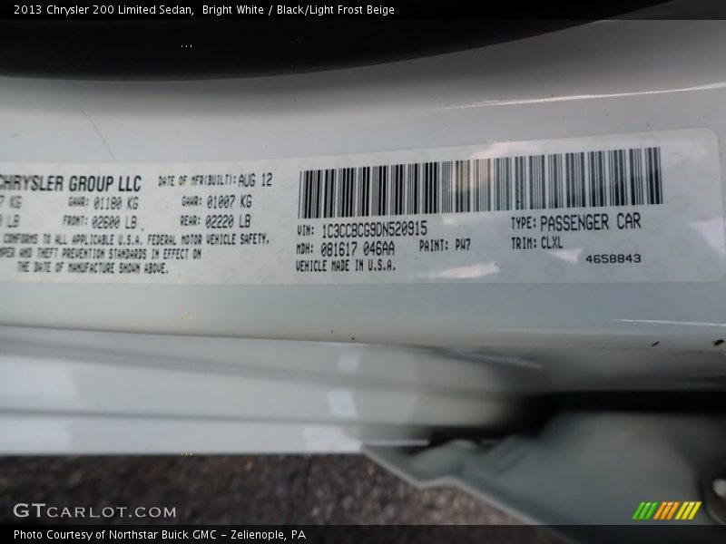 Bright White / Black/Light Frost Beige 2013 Chrysler 200 Limited Sedan