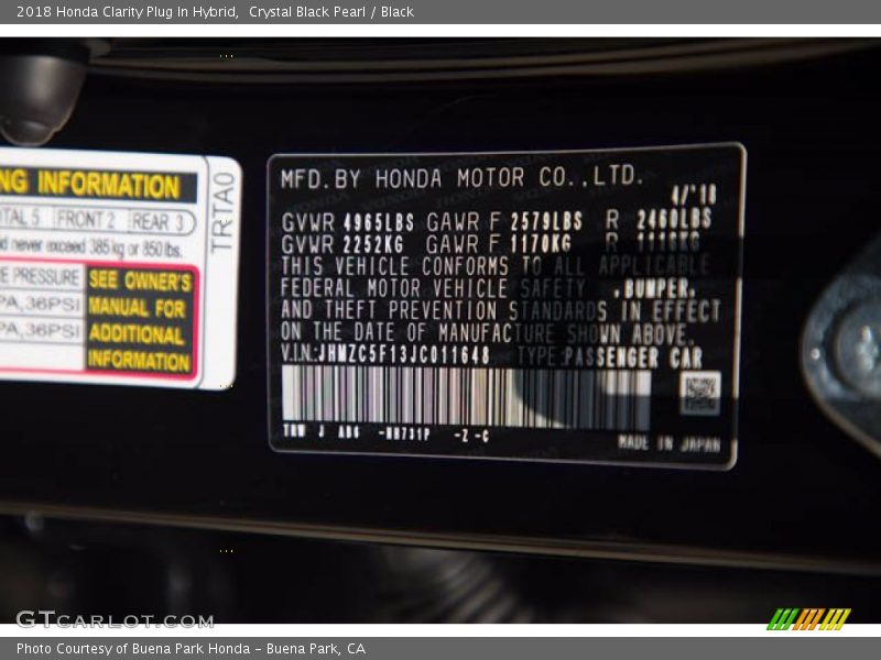 Crystal Black Pearl / Black 2018 Honda Clarity Plug In Hybrid