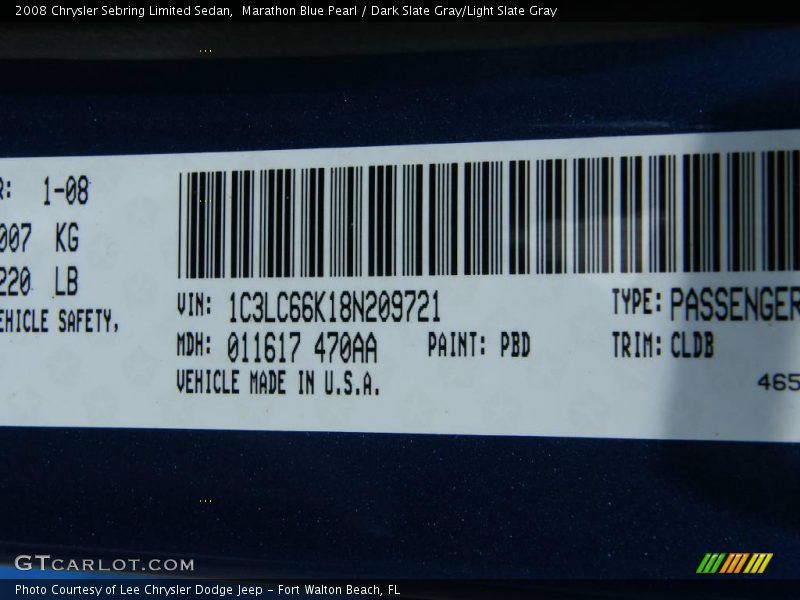 Marathon Blue Pearl / Dark Slate Gray/Light Slate Gray 2008 Chrysler Sebring Limited Sedan
