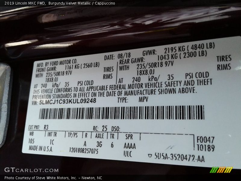 2019 MKC FWD Burgundy Velvet Metallic Color Code R3
