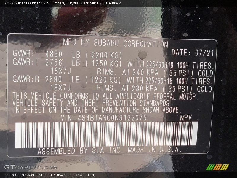 Crystal Black Silica / Slate Black 2022 Subaru Outback 2.5i Limited