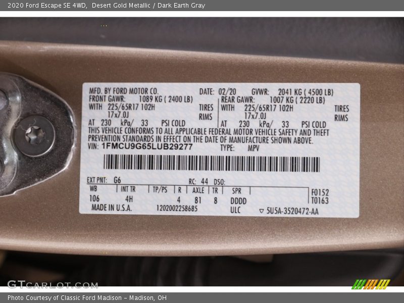 Desert Gold Metallic / Dark Earth Gray 2020 Ford Escape SE 4WD