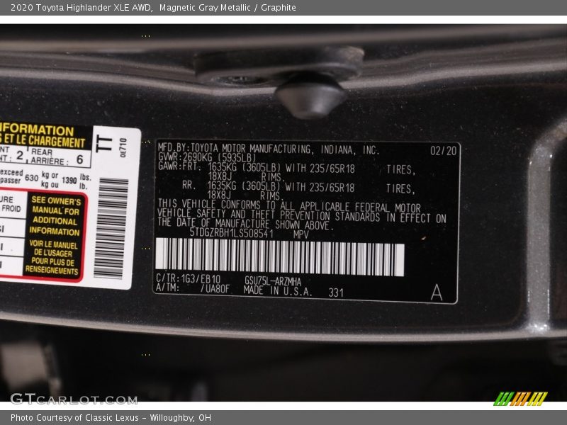 Magnetic Gray Metallic / Graphite 2020 Toyota Highlander XLE AWD