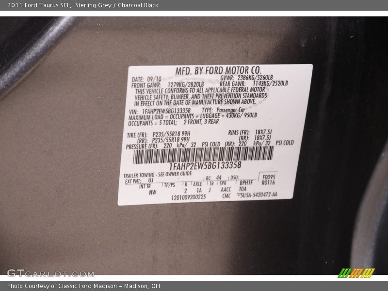 Sterling Grey / Charcoal Black 2011 Ford Taurus SEL