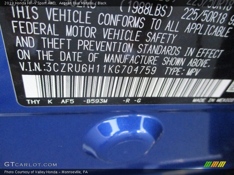 Aegean Blue Metallic / Black 2019 Honda HR-V Sport AWD