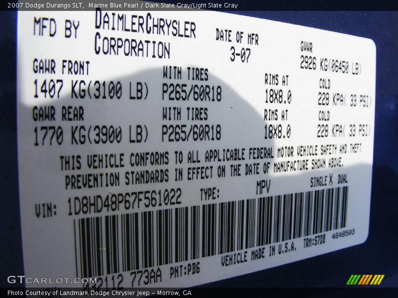 Marine Blue Pearl / Dark Slate Gray/Light Slate Gray 2007 Dodge Durango SLT