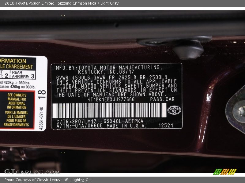 Sizzling Crimson Mica / Light Gray 2018 Toyota Avalon Limited