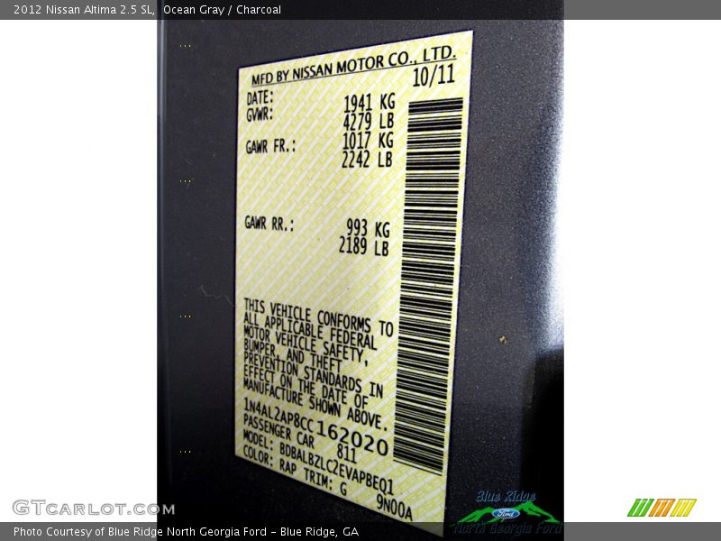 Ocean Gray / Charcoal 2012 Nissan Altima 2.5 SL